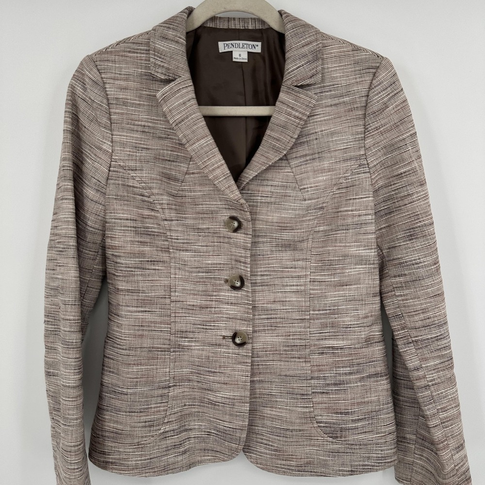 Pendleton Blazer Womens 6 Brown Linen Blend 3 Button Notch Lapel Lined Tailored